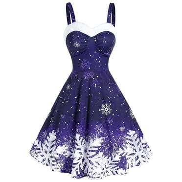Pisexur Robe de Noël pour Femmes Vintage, Couleur de Noël, Imprimé Flocon de Neige, Épaules Dénudées, Robe d'Invitée de Mariage pour Femmes, Robe Évasée de Fête de Noël
