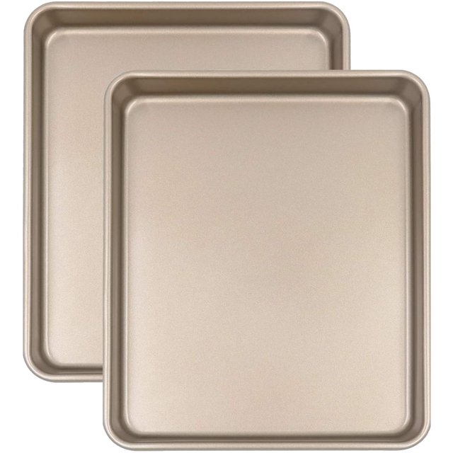 11 Inch Baking Sheets for Oven Set of 2, Nonstick Toaster Oven Pans Heavy Gauge Steel 11X9 Inch Cookie Sheets for Baking, 1 Inch Deep Toaster Oven Tray Replacement (Gold)(27.5*23.5cm)