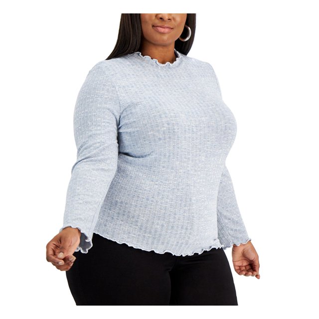 REBELLIOUS ONE Womens Light Blue Stretch Ribbed Scalloped Long Sleeve Turtle Neck Sweater Plus 2X