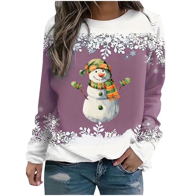 Rbaofujie Chandails à Capuchon Mignons Noël Femmes Mode Décontractée Imprimé Col Rond Ample Manches Longues Hauts Blouse Chandails Rose Chandail pour Femmes