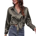 thumbnail image 1 of IROINID Économies Chemises à Manches Longues pour Femmes à Col en V Col Rabattu Chemise de Détente Unie T-Shirt Hauts, Gris Foncé, 1 of 7