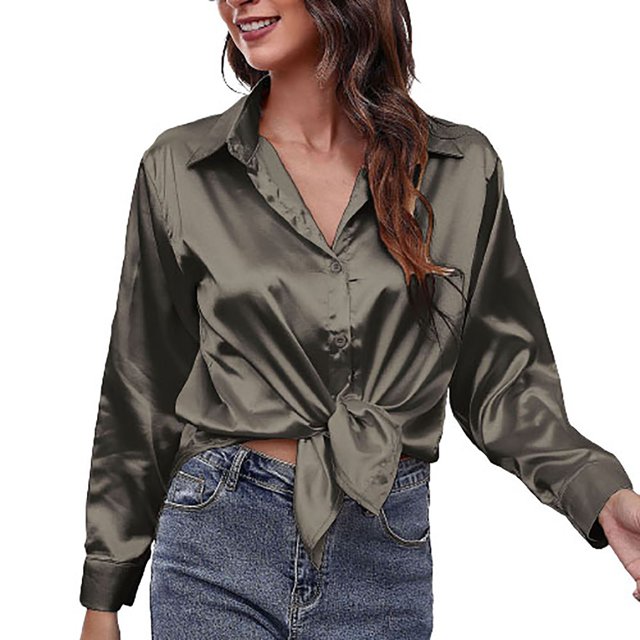 IROINID Économies Chemises à Manches Longues pour Femmes à Col en V Col Rabattu Chemise de Détente Unie T-Shirt Hauts, Gris Foncé