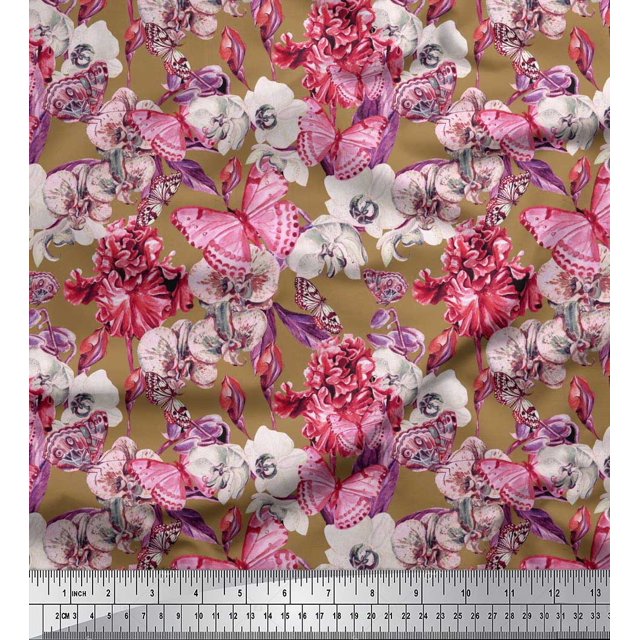 Soimoi Rayon Fabric Butterfly & Orchids Floral Print Sewing Fabric Yard 56 Inch Wide
