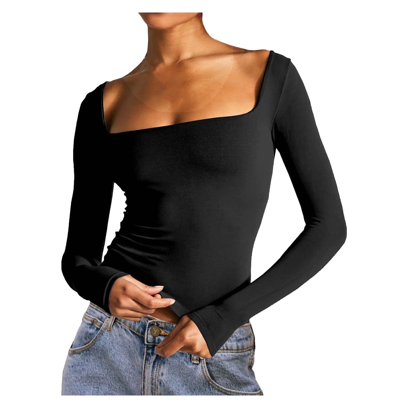 Timegard Going out Tops for Women Undershirts Square Neck Long Sleeve Ruched Tee Fall Casual Skinny Tops