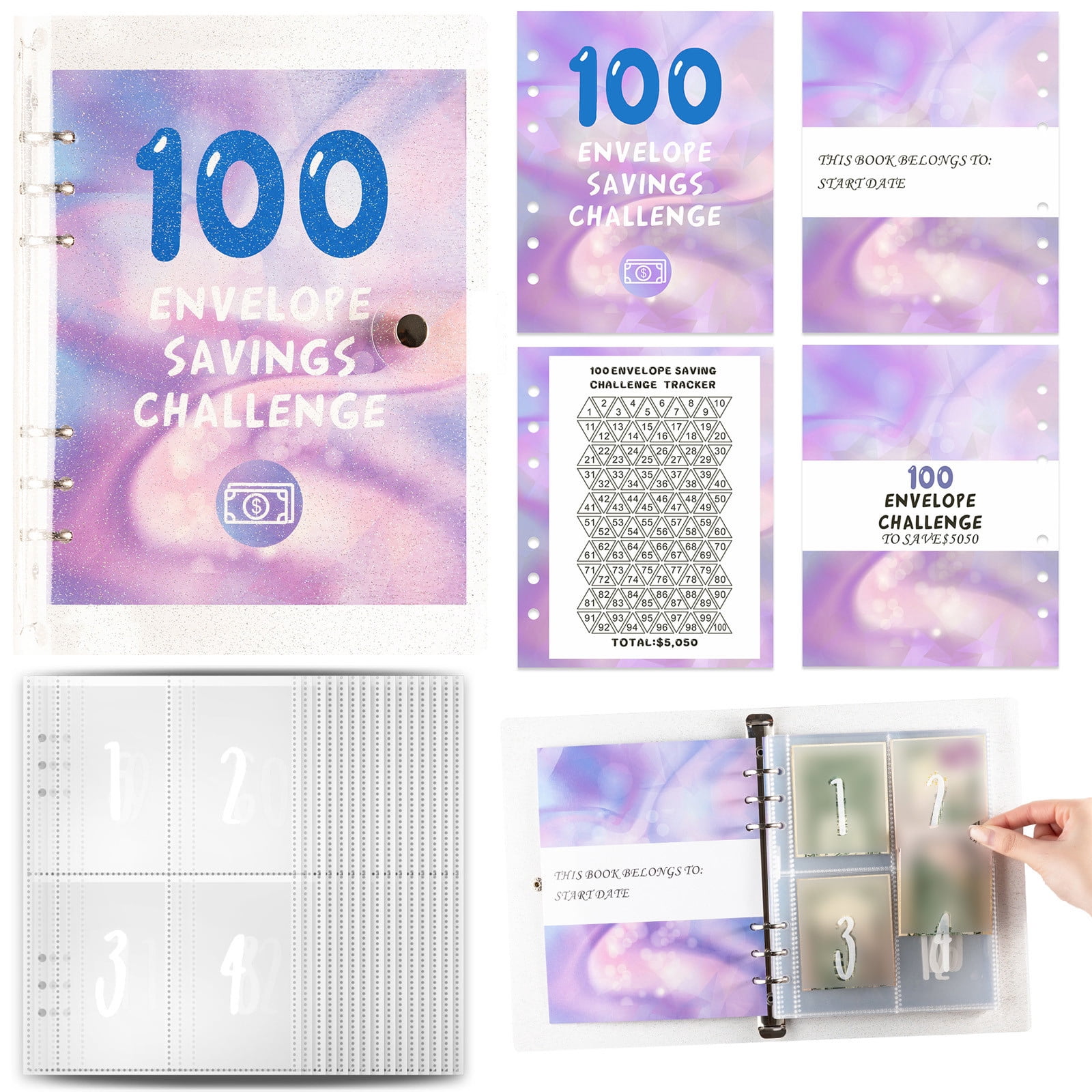 TopLLC 100 Envelope Challenge Binder with Cash Envelopes, A5 Size, Assorted Colors, 1 Pack