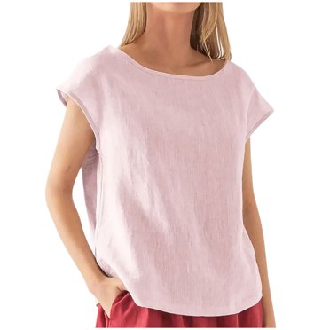 yoeyez Cotton Linen Top for Women,Cropped Short Sleeves Blouse Comfy Round Neck Women's Fashion T-Shirts Loose Fit Casual Solid Tee on Sale Pink M