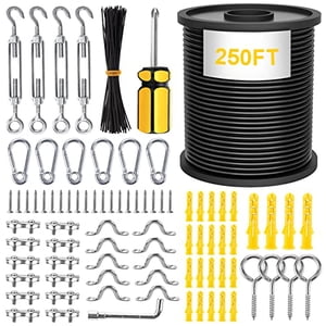 String Light Hanging Kit Outdoor Lights Hanging Kit with 250 Ft Black Coated Wire Cable, Turnbuckle, Hooks and Enough Outdoor Accessories for Outside, Patio, Garden Lighting