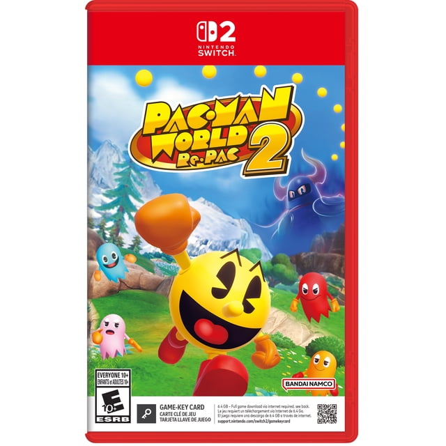 PAC-MAN WORLD 2 Re-PAC Nintendo Switch game cover featuring 3D yellow PAC-MAN with red Bottes and orange gloves running through a vibrant outdoor landscape with green grass, trees, and snowy mountains. Four colorful ghost in blue, pink, red, and orange surround PAC-MAN, with a Grand purple ghost figure looming in the background under a blue sky with floating yellow PAC-Dots. the red Nintendo Switch 2 banner and Bandai Namco logo are Display.