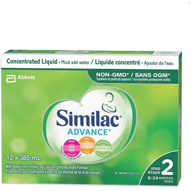 Similac Advance Step 2 Non-GMO Baby Formula concentrated liquid, 12 x 385 mL bottles in green and white packaging, milk-based iron-fortified and calcium-enriched infant formula for babies 6 to 24 months, containing DHA, lutein, and natural vitamin E to support brain and eye development.
