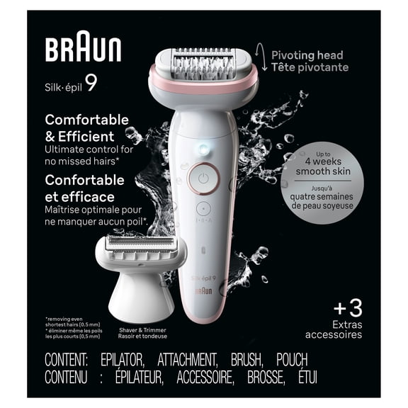 Braun Silk-épil 9 Pivoting Head, Wet and Dry Epilator, Includes Shaver Head and Trimmer Comb, 1pk, SES9-030