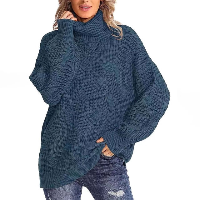 Qertyioot Chandails Surdimensionnés pour Femmes Col Roulé Mode Manches Longues Col Roulé Chandail Décontracté Hauts