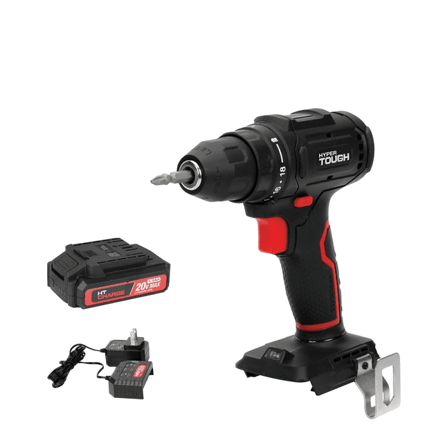 Hyper Tough Perceuse Sans Fil Sans Balais 20 V Max avec Mandrin Sans Clé de 3/8 Po, Lumière de Travail DEL Intégrée, 18+1 Réglages de Couple et Vitesse de 0 à 800 Tr/min, Illustrée avec Batterie de 1,5 Ah et Chargeur pour l'Outil Électrique d'Amélioration de la Maison.