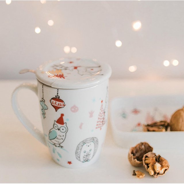 Tasse en Porcelaine « Noël dans la Forêt » avec Couvercle, Filtre et Passoire