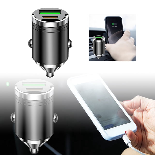 Fast Charging Car Charger, Mini USB Type-C Adapter, 2 Ports with Hidden Light, Overcharge Protection for Phones & Tablets