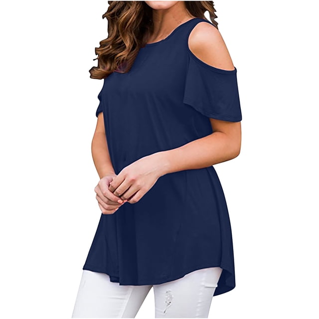 Timegard Womens Tops Cold Shoulder Crew Neck Short Sleeve Tunic Tops Mid Long Comfy Summer Casual