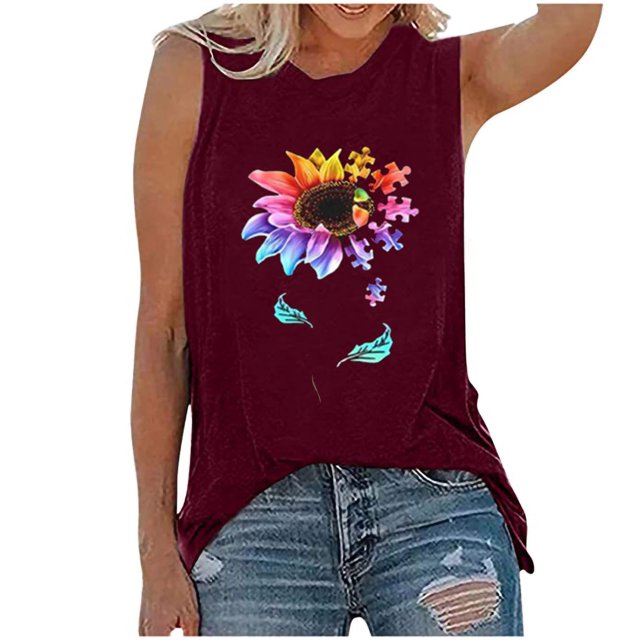 Pompotops Womens Tank Tops Casual Loose Fit Plus Size Sunflower Printed Tee Shirts