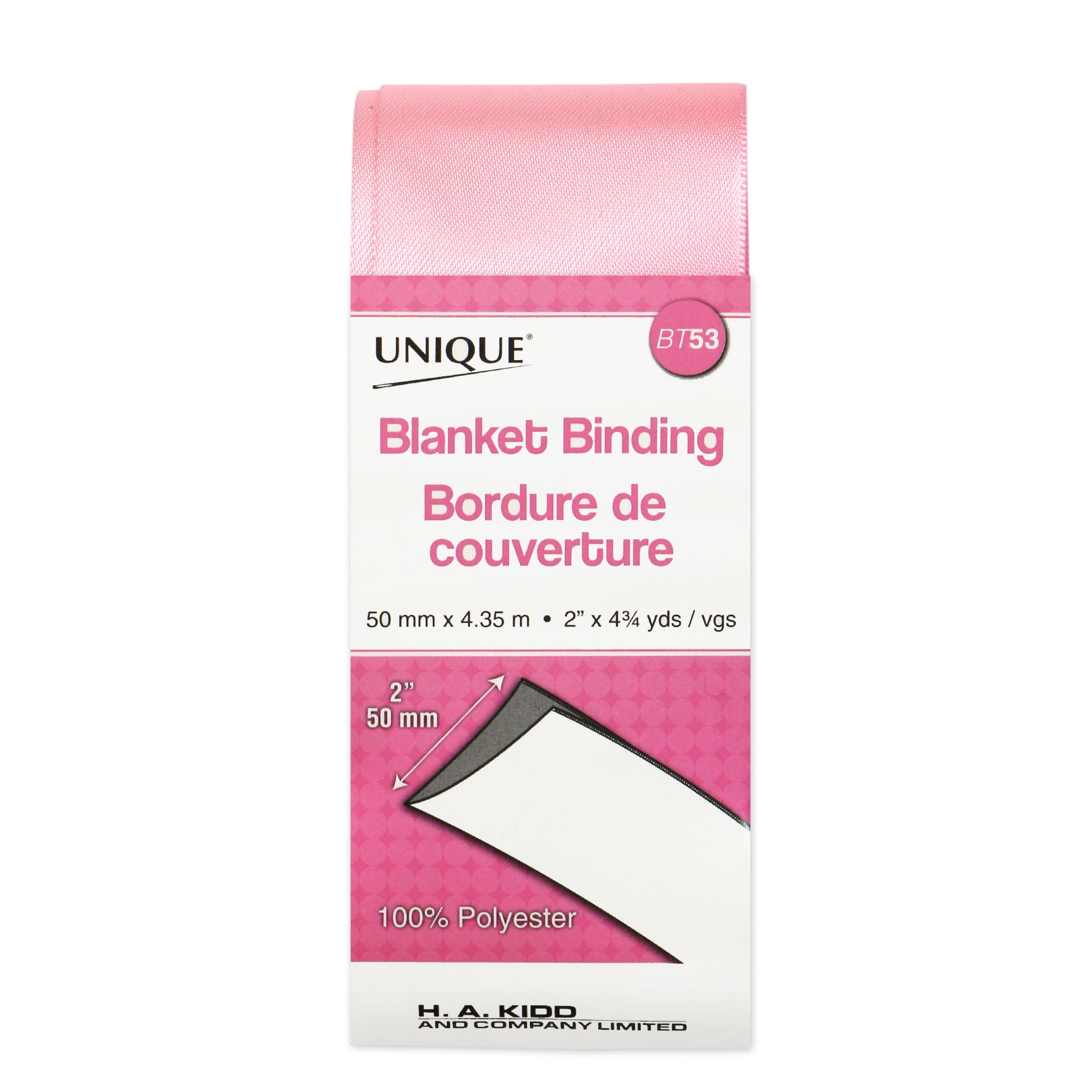 UNIQUE Blanket Binding, White, 52 mm (2.05 in) × 4.35 m (4.76 yd), Satin Polyester, Pink