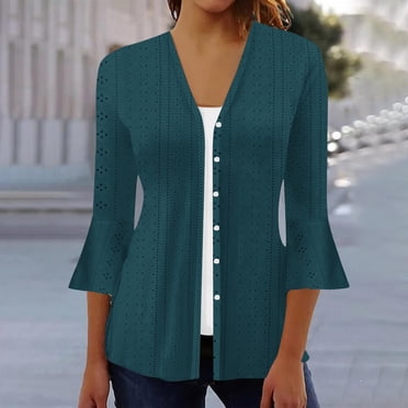 LOVZFMLL Cardigan pour Femmes Mode Col Décontracté Manches 3/4 Chemisiers Amples pour Dames Cardigan