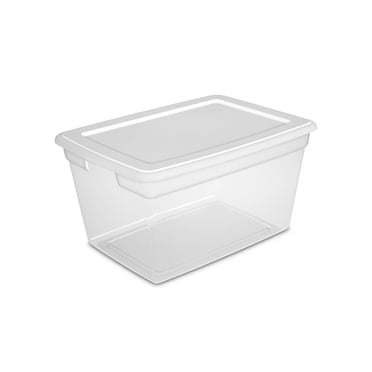 Sterilite 55 L Storage Box, Clear Plastic Storage Bin with Snap-on Lid, White