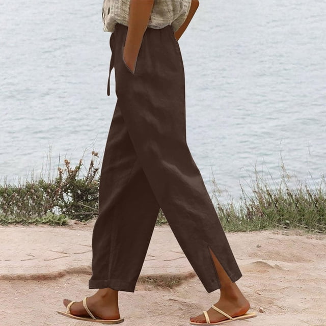 Women Casual Cotton Linen Drawstring Elastic Waist Long Wide Leg Pants