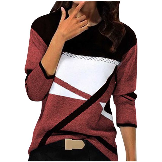 Blouse à Manches Longues pour Femmes Mode Décontractée Col Rond Couture Contraste Couleur T-Shirt Blouse à Manches Longues Blouse