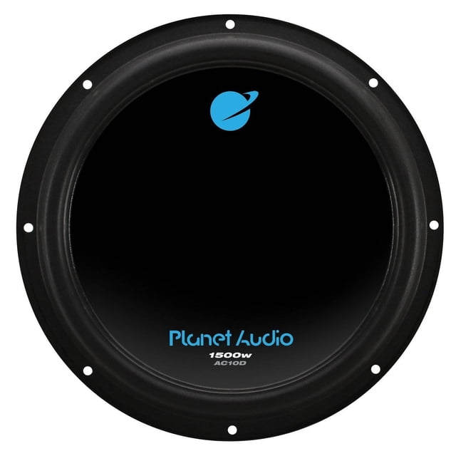 Planet Audio AC10D 10 Inch 1500 Watts 4 Ohm Dual Voice Coil Car Subwoofer with a black polypropylene cone and foam surround for durability and efficiency. Features a stamped basket for clean audio output, dual 4 Ohm 2-inch high-temperature voice coils, and 1500 watts peak power. Dimensions are 11 x 11 x 5.3 inches with a mounting depth of 4.75 inches. Suitable for sealed or ported enclosures.