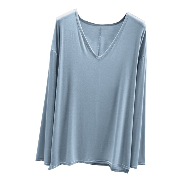 MeetoTime V Neck Long Sleeve Shirts for Women Comfortable Loose Tops Solid Color Lounge Tops Pullover