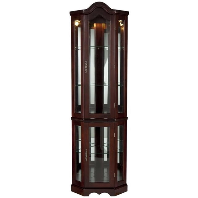 Meuble d'Angle SEI en Acajou Éclairé avec une Riche Finition Acajou, Doté d'Un Dessus Arqué Décoratif et d'Un devant en Verre Trempé. l'Armoire Comprend Deux Tablettes Fixes et Trois Tablettes en Verre Ajustables, avec des Miroirs sur les Bords Arrière pour Améliorer l'Éclairage et la Profondeur. la section Supérieure Comprend Deux Tablettes Ajustables, la section Inférieure Contient une Tablette Ajustable. les Dimensions Sont de 21,25 Pouces de Large, 15,5 Pouces de Profondeur et 70 Pouces de Hauteur. Comprend une Ampoule type F de 25 Watts et un Cordon de 9 Pieds.