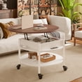 thumbnail image 1 of Table Basse Ronde GUNAITO à Petit Plateau Relevable sur Roulettes avec Rangement, Table Centrale Moderne Style Ferme avec Tablette Petite Table Ronde pour Salon, Blanc, 1 of 9