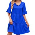 thumbnail image 2 of Robes pour Femmes 2024 Été Ample Décontractée Col en V devant Jupe Lacée Taille Haute Robe Ample Manches Courtes Col en V Longueur Genou 50 % de Rabais Liquidation!, 2 of 4