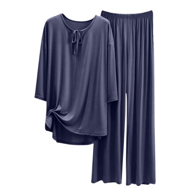 Ltctricy Ensembles de Pyjama pour Femmes Grande Taille Manches 3/4 Col Ras du Cou à Nouer devant Hauts et Pantalons de Nuit 2 Pcs Pyjamas Ensembles de Détente Confortables (Gris Foncé, Grand)