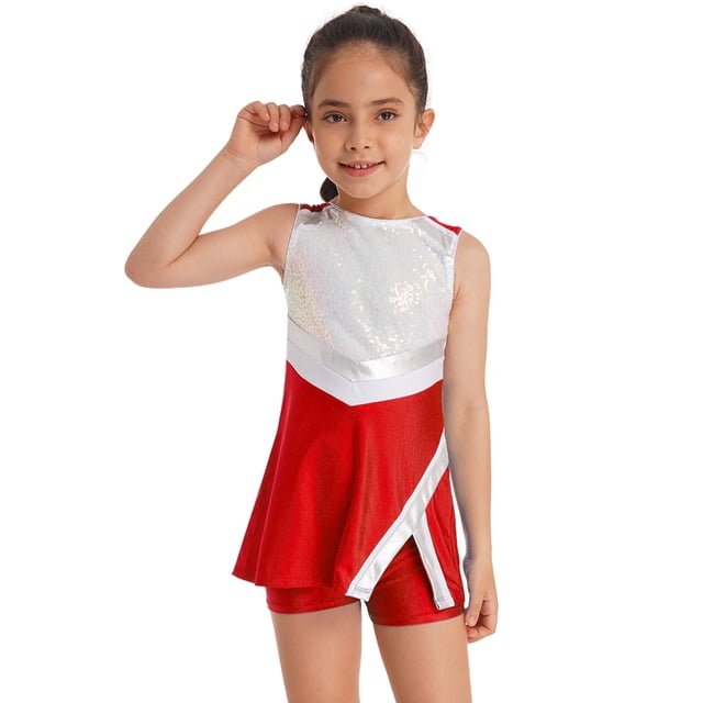 Jhaoyu Costume de Cheerleading pour Filles Enfants Paillettes Brillantes Robe de Danse avec Short Uniforme de Cheer Rouge 3T