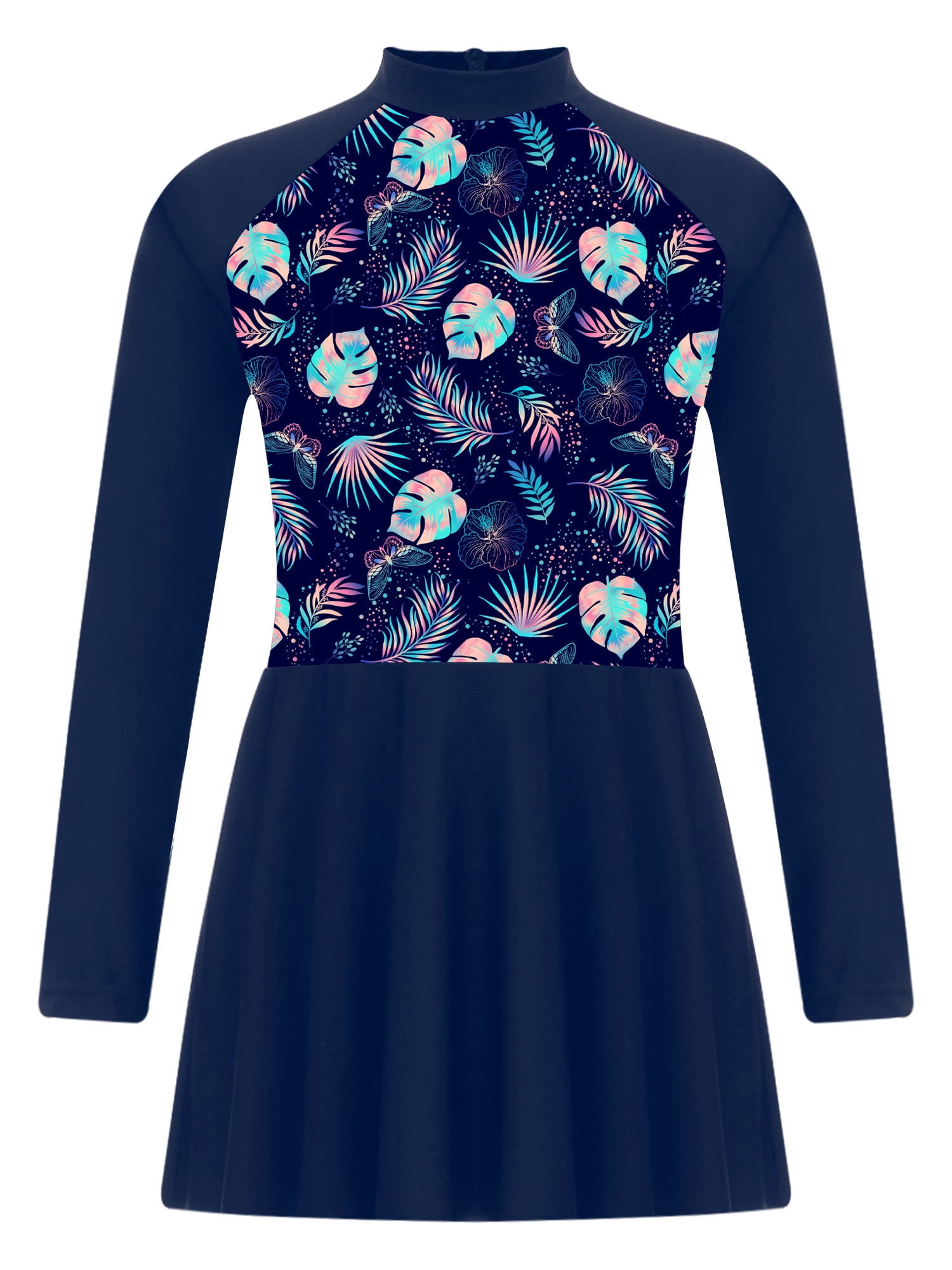 Sinleey Girls One-Piece Swimsuits Kids Swimming Costumes Long Sleeve Rash Guard Swimming Dress with Sun Protection Navy 16