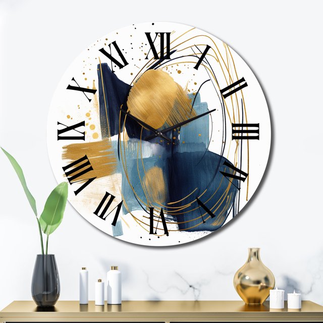 Designart "Regal Dark Blue and Gold Strokes XVI" Modern Geometric Oversized Wall Clock