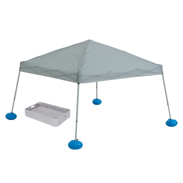 Sunjoy Floating Pool Canopy with Add-on 36x24 in. Wicker Floating Tray in gray, featuring a 10x10 fabric canopy with steel and aluminum frame supported by four legs with blue weighted bases for water stability, paired with a gray woven PE rattan floating tray suitable for poolside shade and convenience.