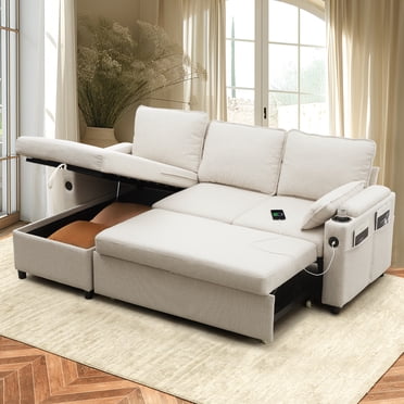 Sectional Sleeper Sofa L shaped Charging Couch with Usb Storage Chaise Reversible Pull Out Bed for Small Space, Beige