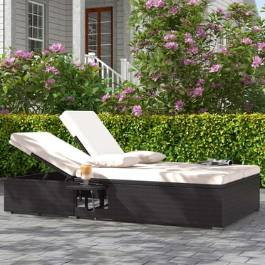 Costway Outdoor Patio Daybed PE Wicker Double Chaise Lounge with Adjustable Backrests