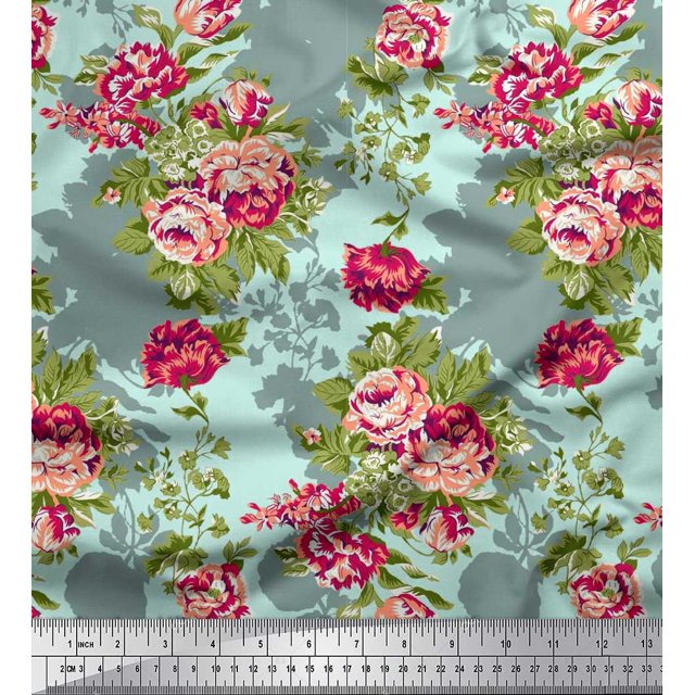 Soimoi Green polyester Crepe Fabric Leaves & Grandiflora Roses Floral Decor Fabric Printed Yard 52 Inch Wide