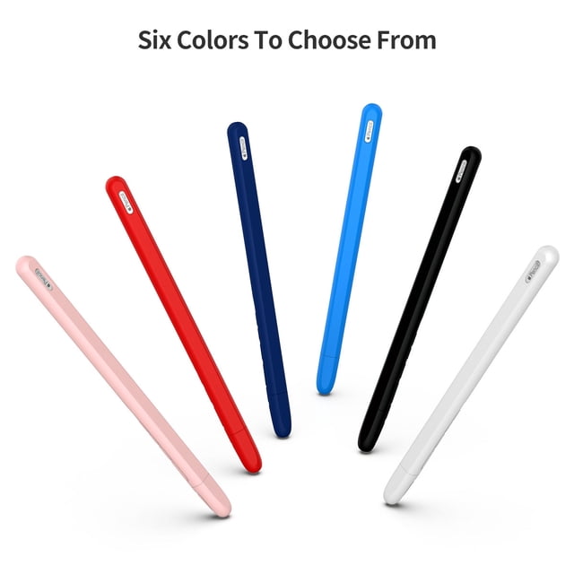 Silicone Case For Apple Pencil 2 Cradle Stand Holder For iPad Pro Stylus Pen Protective Cover in navy blue, displayed with other color options such as black, bright red, dark blue, pink, white, and light blue. Designed with anti-shock protection and anti-skid texture, this high-quality silica gel cover is a durable tablet stylus accessory. Compatible with Apple Pencil 2 and allows charging without removal.