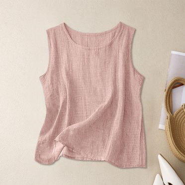 Weiqiqre Ensembles d'Été pour Femmes Amples Décontractés en Coton et Lin T-Shirts de Couleur Unie Col Rond Blouses Sans Manches pour Femmes