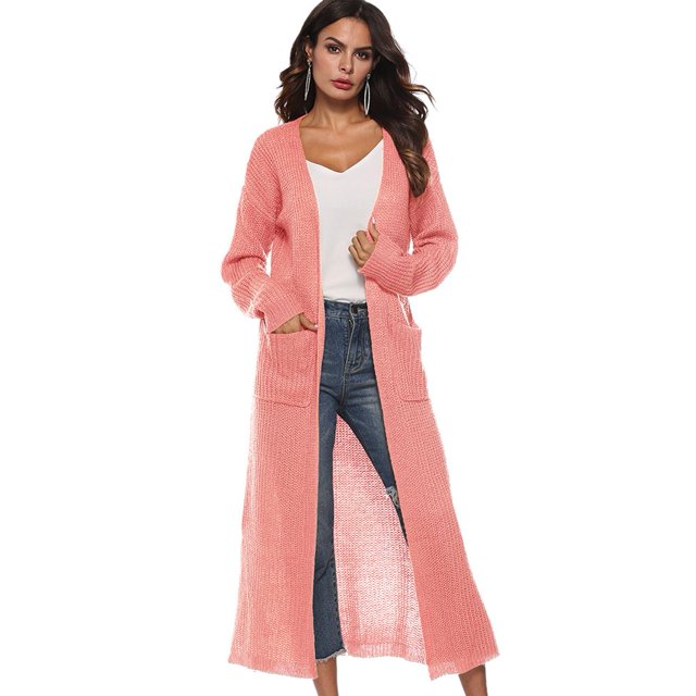 Longs Pulls Unis Tricot Manches Longues Poches Cardigan Chandail Cardigans Femme Noir TTG