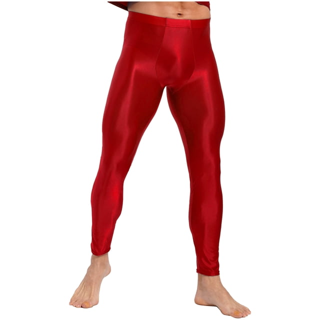 YUUMIN Men's Shiny Compression Pants Oil Glossy Stretchy Workout Sports Base Layer Trousers Burgundy L