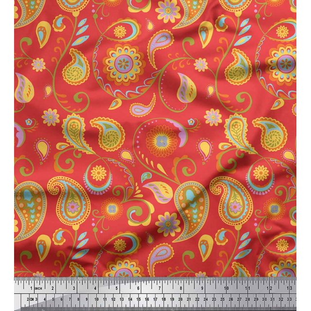 Soimoi Orange Rayon Fabric Mandala & Paisley Printed Fabric 1 Yard 58 Inch Wide