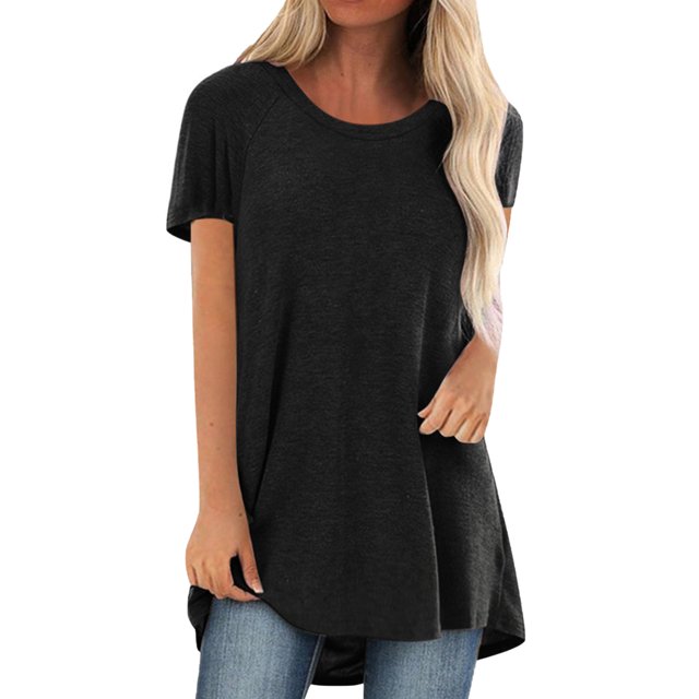 LUXUR T-Shirt pour Femme à Manches Courtes T-Shirt Haut Uni Blouse Décontractée Col Rond Noir P