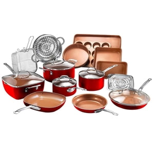 Gotham Steel 20-Piece Ensemble de cuisine et de pâtisserie en aluminium Ti-Ceramic antiadhésif en rouge, pots et casseroles