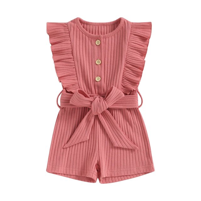 SUNSIOM Infant Baby Girl Summer Jumpsuit Solid Color Ruffled Sleeveless Round Neck Button Romper Shorts with Belt