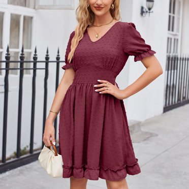 Up to 60% OFF,Fashion Women Summer Casual V-Neck Chiffon Short Sleeve Solid Mini Dress,Light and Breezy V-neck Chiffon Dress with Short Sleeves, Perfect for Summer Days Comfortable and Durable
