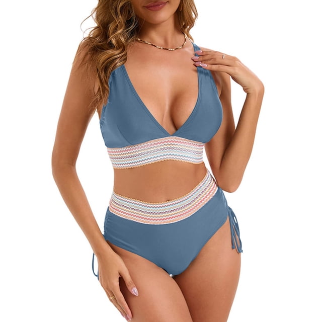 YUTK Bathing Suit for Women - Women's Bikini High Waisted Split Color Suit with Drawstring Gathered Abdominal Swimsuit Navy L