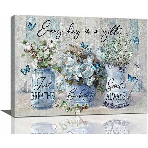 Farmhouse Bathroom Wall Decor Rustic Art Country Eucalyptus Painting Picture for Blue Butterfly Cotton Flower Pictures Canvas Prints Framed Home 16''''x12''''