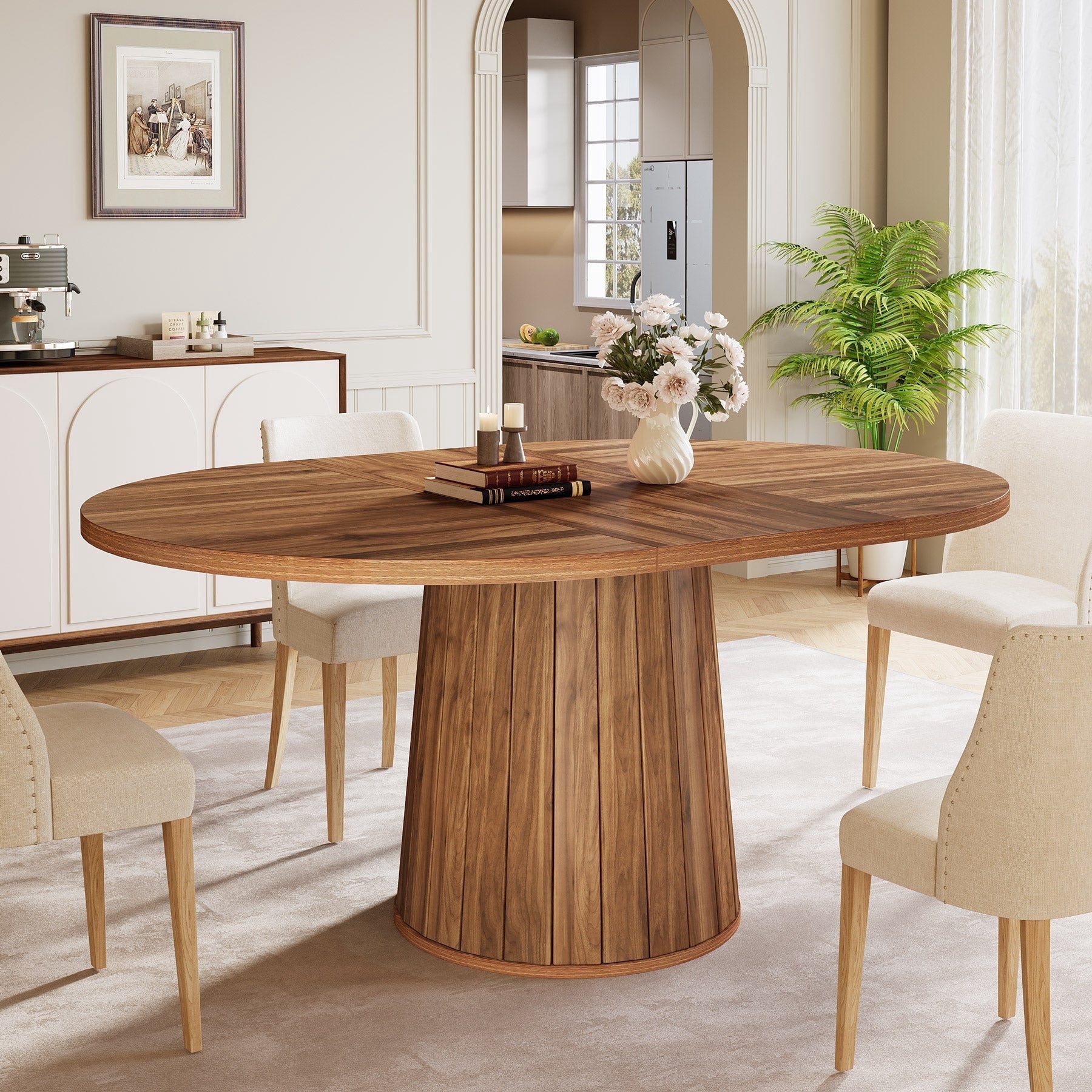 Fnova 55" Oval Dining Table for 6 People, Farmhouse Wood Kitchen Table with Round Shaped Base, Easy to Assemble